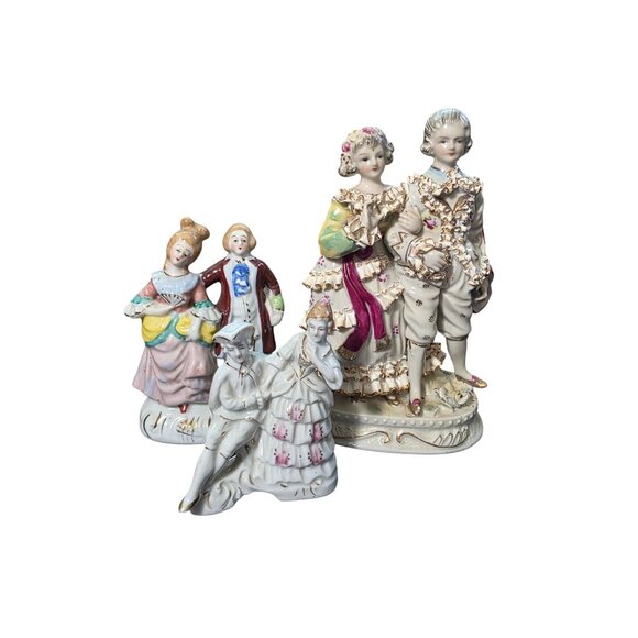 Vintage Porcelain 3 Figurine Set Featuring Couples In Victorian Attire Intricate - Picture 10 of 10